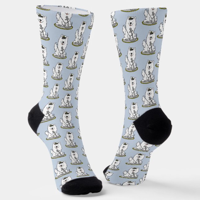 Sailing Nautical Boating American Eskimo Dog Cute Socks (Angled)