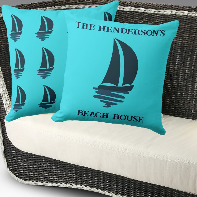 Sailing Navy Blue Boat Family Name Beach House Cushion (Creator Uploaded)