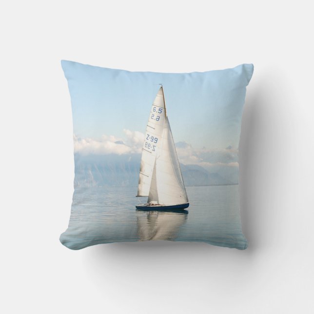 Sailing on a Calm Mirror-like Sea Bay Cushion (Front)