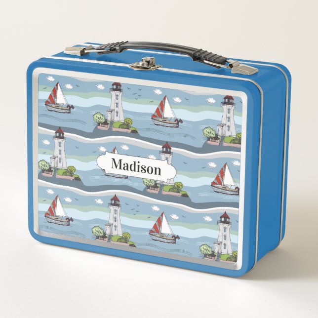 Sailing Pattern custom name lunch boxes (Front)