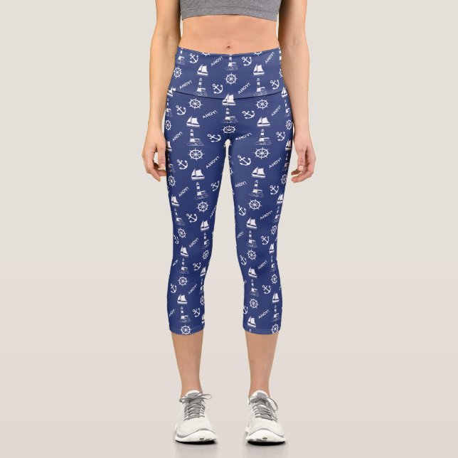 Sailing Pattern White on Navy Blue Capri Leggings (Front)