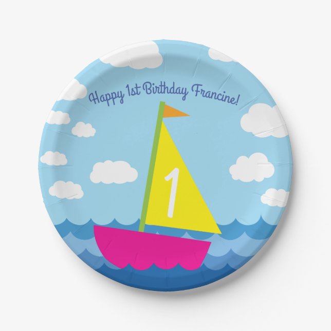 Sailing Sail Boat Cute Kids Birthday Party Paper Plate (Front)