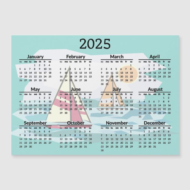 Sailing Sailboats 2025 Calendar Magnetic Card (Front)