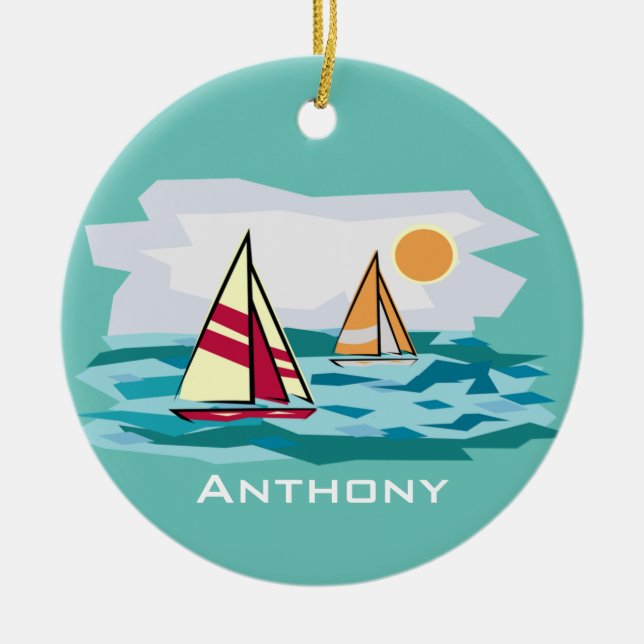 Sailing, Sailboats Design Ceramic Ornament (Front)