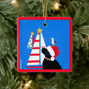Sailing Santa Black Dog and Bird Friend Christmas Ceramic Ornament