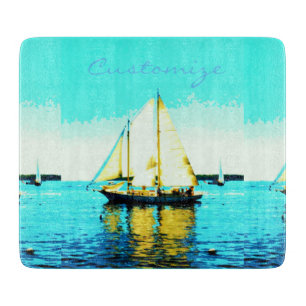 sailing schooner glass blue cutting board