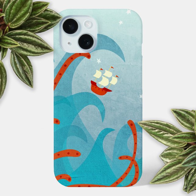 Sailing Sea Monster Adventure iPhone 15 Case (Sailing boat sea monster adventure fun cell phone case)