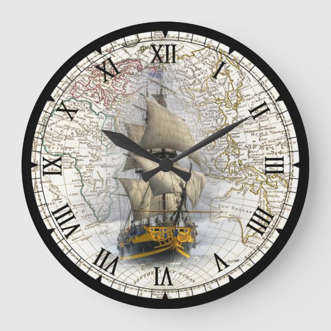 Sailing Ship  ~ 1789 Eastern Hemisphere Map ~   Large Clock (Front)