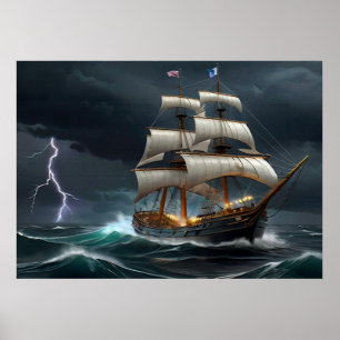 Sailing Ship and Lightning Art Poster