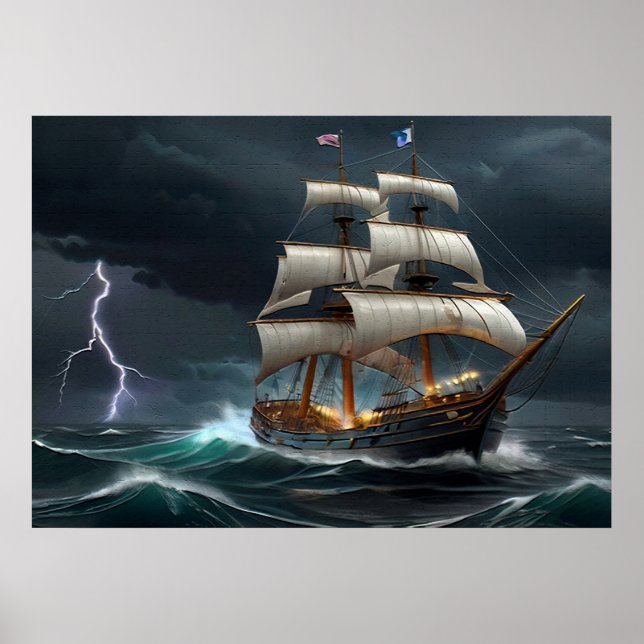 Sailing Ship and Lightning Art Poster (Front)