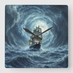 Sailing ship epic storm dark fantasy decor square wall clock