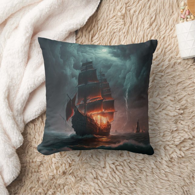 Sailing Ship Fighting Waves And Storm In The Sea Cushion (Blanket)