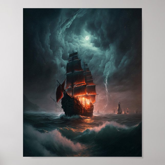 Sailing Ship Fighting Waves And Storm In The Sea Poster (Front)