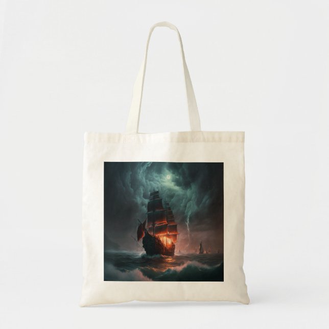 Sailing Ship Fighting Waves And Storm In The Sea Tote Bag (Front)