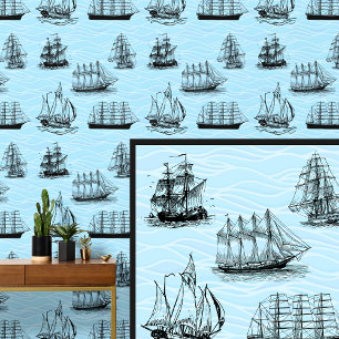 Sailing Ship Illustrations on Blue Waves  Wallpaper