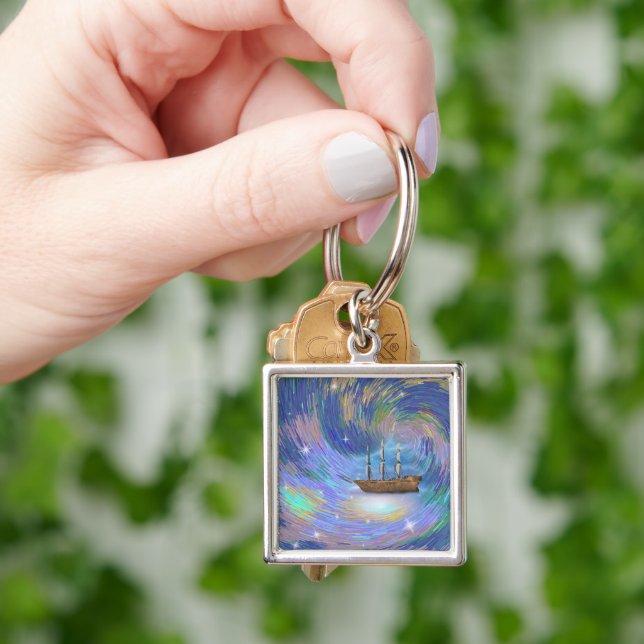 Sailing ship in fantastic scene key ring (Hand)