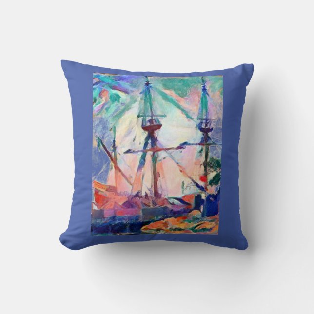 sailing ship in port whimsical design cushion (Front)