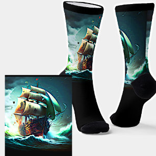 Sailing Ship in Storm at Sea Green Seas on Black Socks