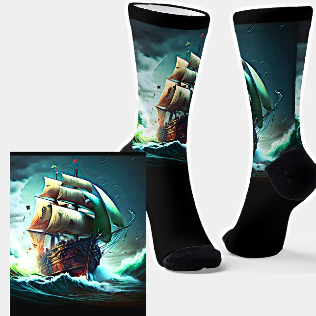 Sailing Ship in Storm at Sea Green Seas on Black Socks (Creator Uploaded)