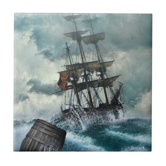 Sailing Ship in Storm Illustration Tile (Front)