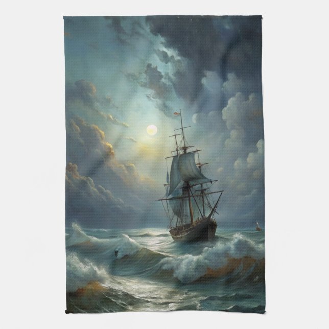 Sailing Ship in the Ocean Tea Towel (Vertical)
