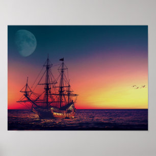 Sailing Ship into the Sunset Poster