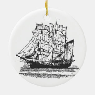 Sailing Ship Line Drawing Sailboat Windjammer Ceramic Ornament