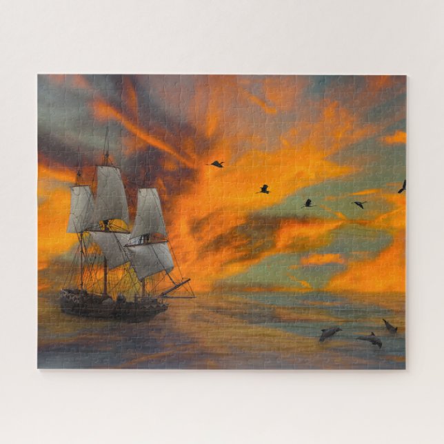 Sailing Ship Nautical Dolphins Jigsaw Puzzle (Horizontal)