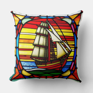 Sailing Ship Over Ocean Waves Cushion