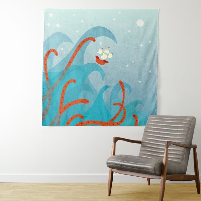 Sailing Ship Sea Monster Tapestry (Sailing boat sea monster giant squid tapestry)