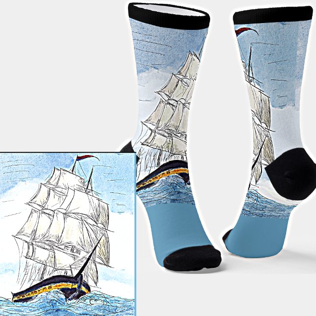 Sailing Ship Waves at Sea Illustration Light Blue Socks (Creator Uploaded)