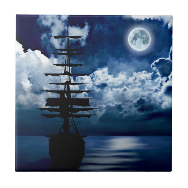sailing ship with full moon ceramic tile (Front)