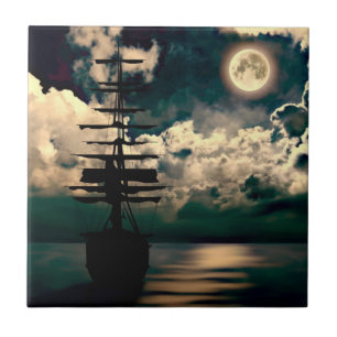 sailing ship with full moon ceramic tile