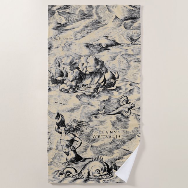 Sailing Ships and Sea Monsters Australia World Map Beach Towel (Front)