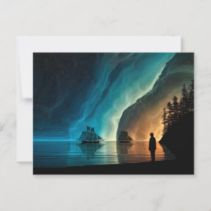 Sailing ships, Northern Lights, rocky shoreline Postcard