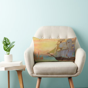 Sailing Ships Pillow, original artwork featured. Lumbar Cushion