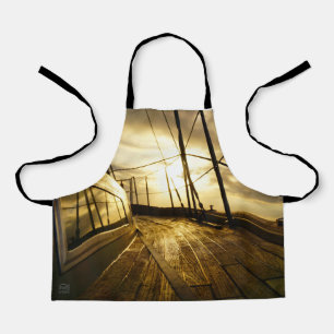 Sailing yacht in morning sun with cloudy sky. apron