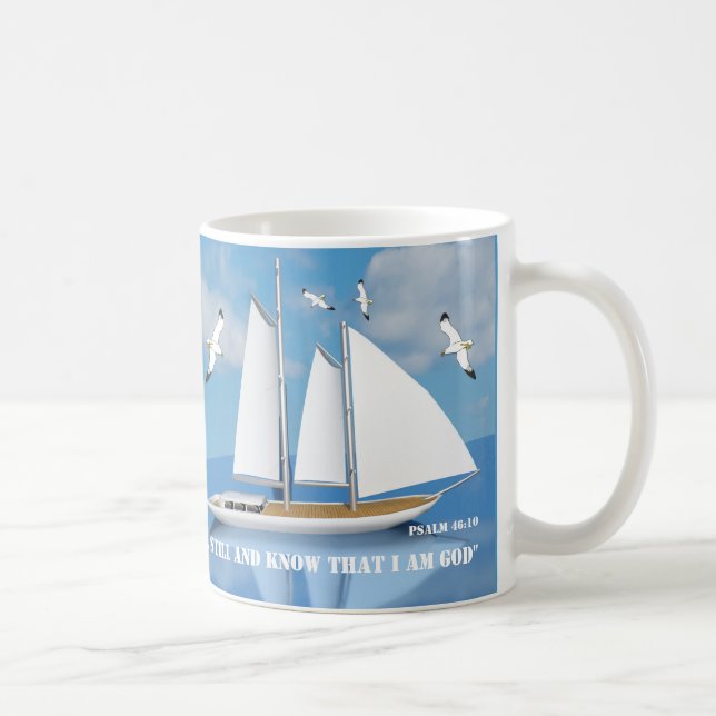 Sailing Yacht on Calm Water with Soaring Seagulls Coffee Mug (Right)