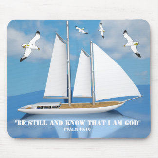 Sailing Yacht on Calm Water with Soaring Seagulls Mouse Pad