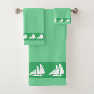 Sailing Yacht on Green Bath Towel Set