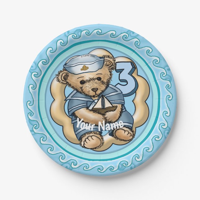 Sailor Bear 3 Year old Birthday paper plates (Front)