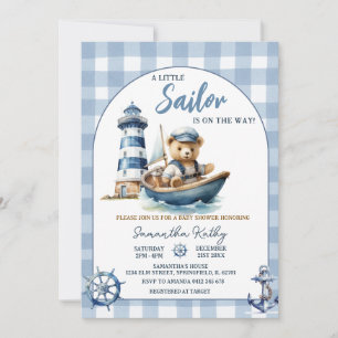 Sailor Bear Blue Gingham Baby Shower Invitation