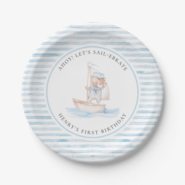 Sailor Bear Blue Stripe Birthday Paper Plate (Front)