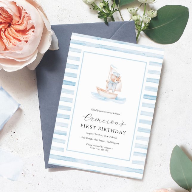 Sailor Bear Blue Stripe First Birthday Invitation (Creator Uploaded)