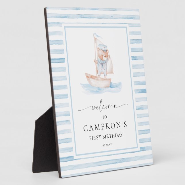 Sailor Bear Blue Stripe Welcome Plaque (Side)
