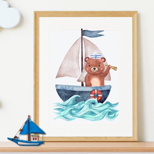 Sailor Bear Boat Waves Nautical Summer Boy Nursery Poster (Creator Uploaded)