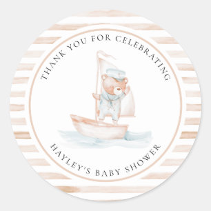 Sailor Bear Tan Stripe Baby Shower Classic Round Sticker
