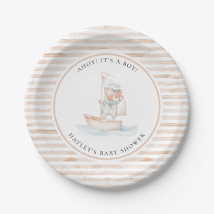 Sailor Bear Tan Stripe Baby Shower Paper Plate
