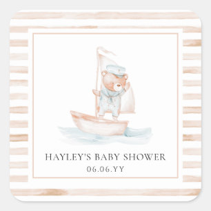 Sailor Bear Tan Stripe Baby Shower Square Sticker