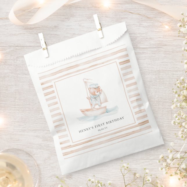 Sailor Bear Tan Stripe Birthday Favour Bag (Clipped)